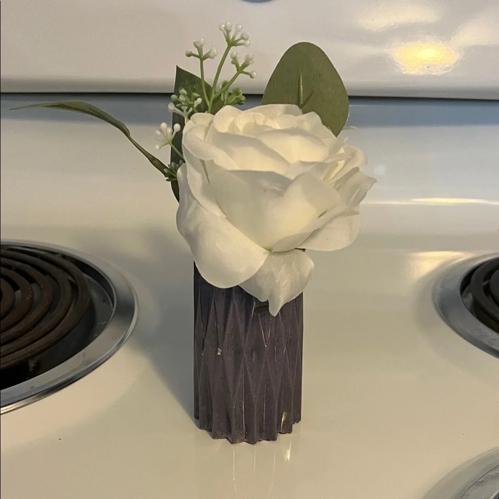 White Artificial Rose in Purple Decorative Bud Vase